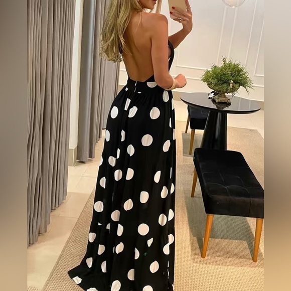 SEXY New Black & White Polka Dot Halter Maxi Dress Sz L Large - Picture 2 of 10